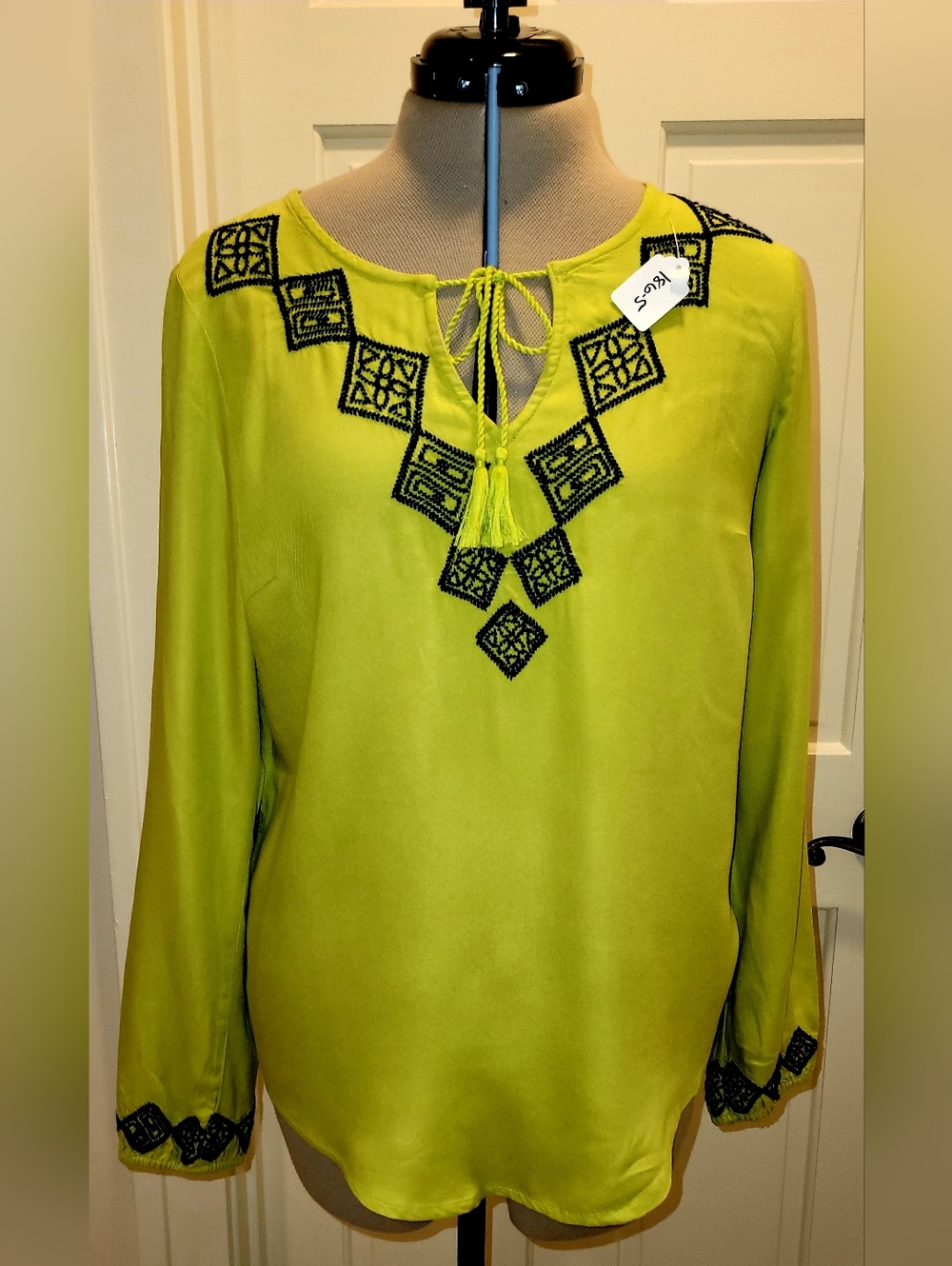 Crown & Ivy Lime Green Embroidered V-Neck Women's Top